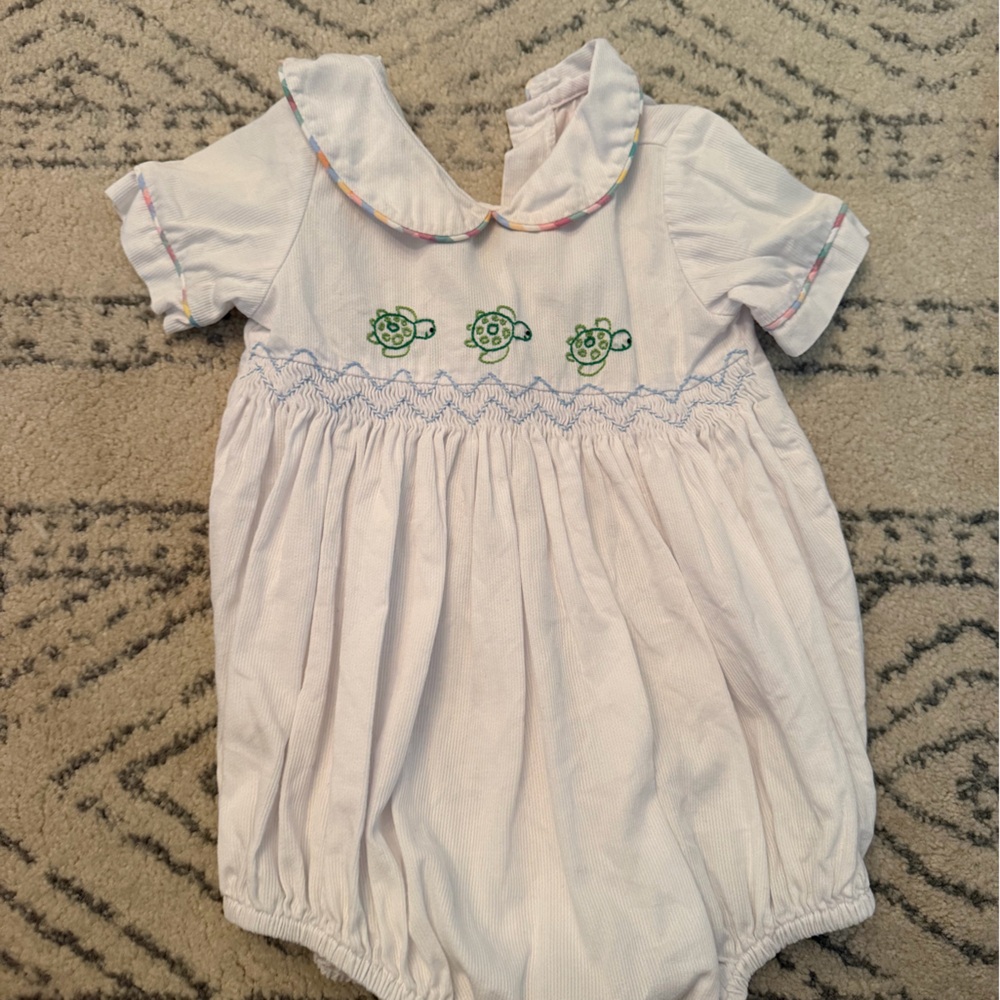 Baby White Smocked One-Piece with Green Embroidered Turtles